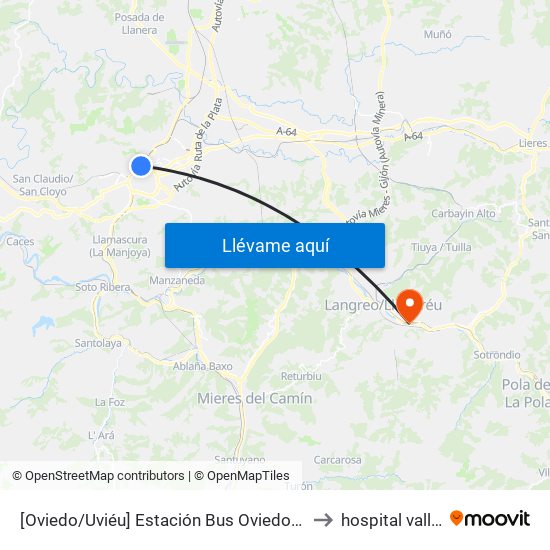 [Oviedo/Uviéu]  Estación Bus Oviedo - Pepe Cosmen [Cta 01549] to hospital valle del nalon map