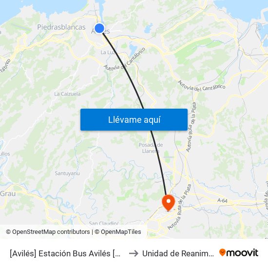 [Avilés]  Estación Bus Avilés [Cta 00161] to Unidad de Reanimación 2 map