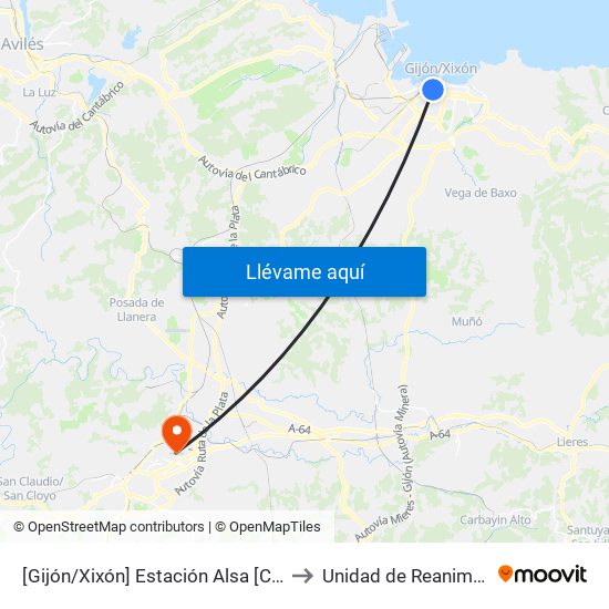 [Gijón/Xixón]  Estación Alsa [Cta 00784] to Unidad de Reanimación 2 map