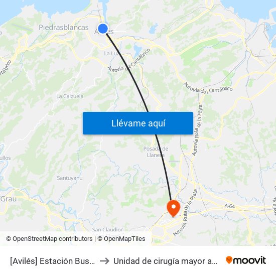[Avilés]  Estación Bus Avilés [Cta 00161] to Unidad de cirugía mayor ambulatoria  UCMA HUCA map