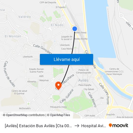 [Avilés]  Estación Bus Avilés [Cta 00161] to Hospital Avilés map