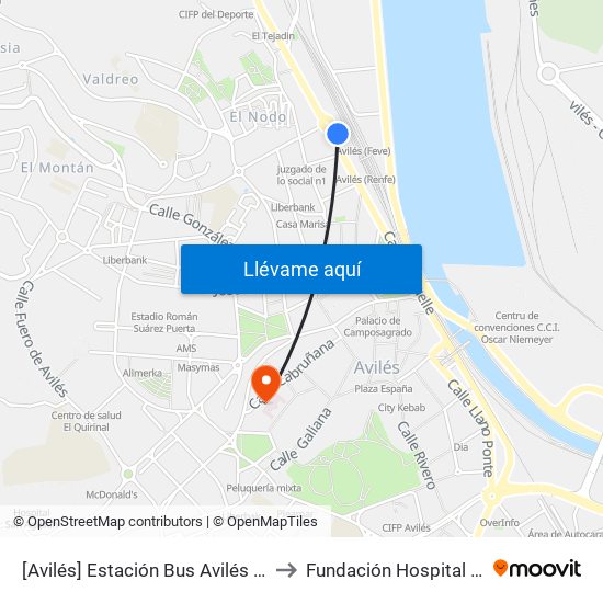 [Avilés]  Estación Bus Avilés [Cta 00161] to Fundación Hospital de Avilés map