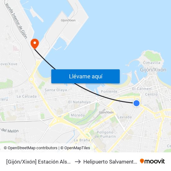[Gijón/Xixón]  Estación Alsa [Cta 00784] to Helipuerto Salvamento Maritimo map