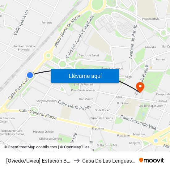 [Oviedo/Uviéu]  Estación Bus Oviedo - Pepe Cosmen [Cta 01549] to Casa De Las Lenguas / Edificio De Servicios Múltiples map