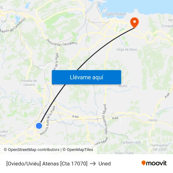 [Oviedo/Uviéu]  Atenas [Cta 17070] to Uned map