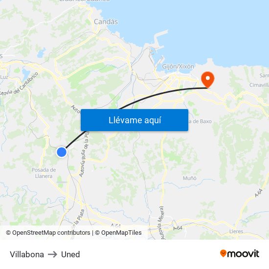 Villabona to Uned map