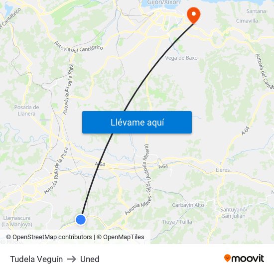 Tudela Veguín to Uned map
