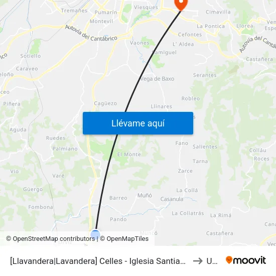 [Llavandera|Lavandera]  Celles - Iglesia Santianes [Cta 15701] to Uned map