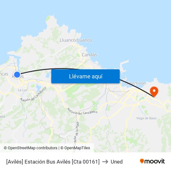 [Avilés]  Estación Bus Avilés [Cta 00161] to Uned map
