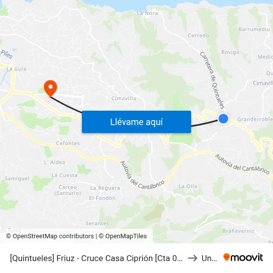 [Quintueles]  Friuz - Cruce Casa Ciprión [Cta 00542] to Uned map