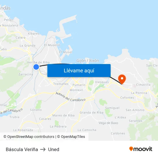 Báscula Veriña to Uned map