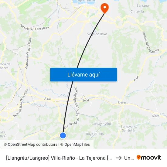 [Llangréu/Langreo]  Villa-Riaño - La Tejerona [Cta 00764] to Uned map