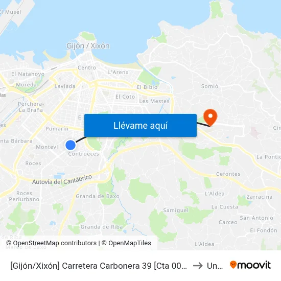 [Gijón/Xixón]  Carretera Carbonera 39 [Cta 00789] to Uned map