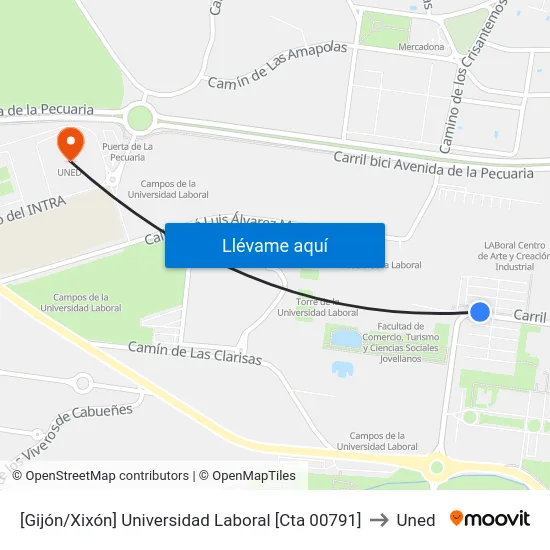 [Gijón/Xixón]  Universidad Laboral [Cta 00791] to Uned map