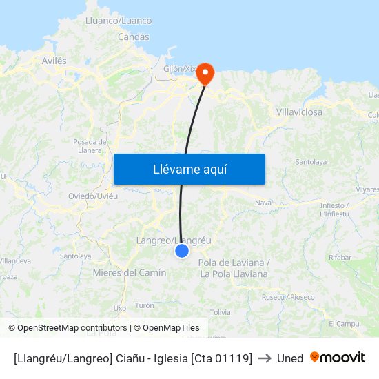 [Llangréu/Langreo]  Ciañu - Iglesia [Cta 01119] to Uned map