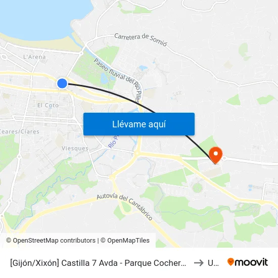 [Gijón/Xixón]  Castilla 7 Avda - Parque Cocheras [Cta 01551] to Uned map