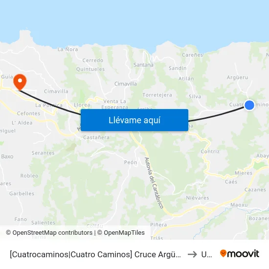 [Cuatrocaminos|Cuatro Caminos]  Cruce Argüero [Cta 01875] to Uned map