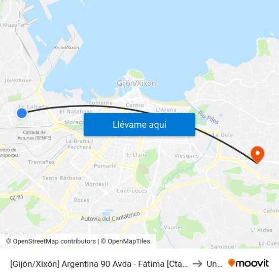 [Gijón/Xixón]  Argentina 90 Avda - Fátima [Cta 02929] to Uned map