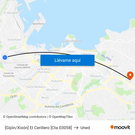 [Gijón/Xixón]  El Cerillero [Cta 03058] to Uned map