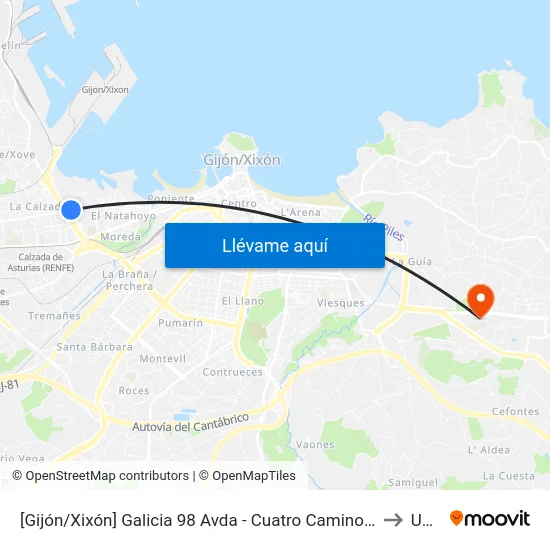 [Gijón/Xixón]  Galicia 98 Avda - Cuatro Caminos [Cta 03061] to Uned map