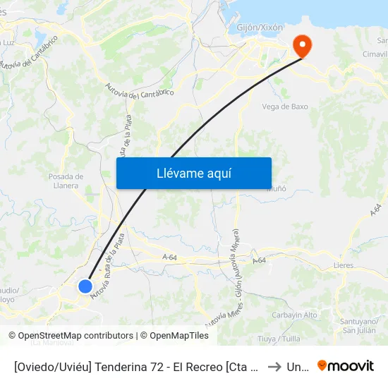 [Oviedo/Uviéu]  Tenderina 72 - El Recreo [Cta 03368] to Uned map