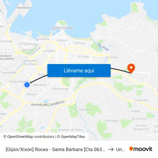 [Gijón/Xixón]  Roces - Santa Bárbara [Cta 06396] to Uned map