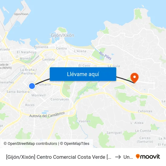 [Gijón/Xixón]  Centro Comercial Costa Verde [Cta 06446] to Uned map