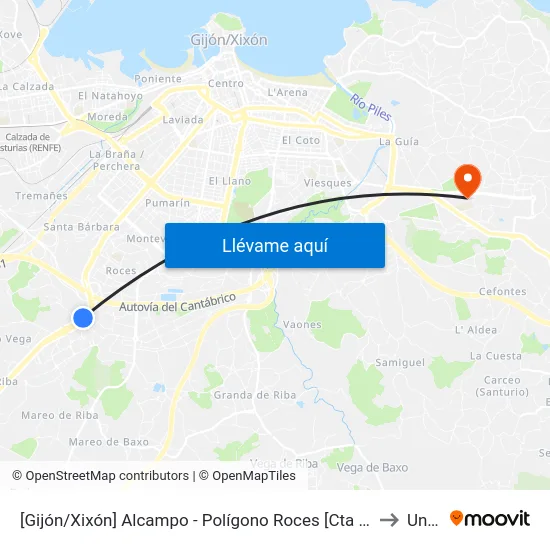 [Gijón/Xixón]  Alcampo - Polígono Roces [Cta 06448] to Uned map