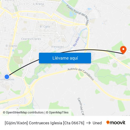 [Gijón/Xixón]  Contrueces Iglesia [Cta 06676] to Uned map