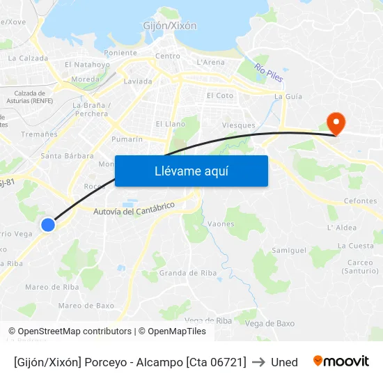 [Gijón/Xixón]  Porceyo - Alcampo [Cta 06721] to Uned map