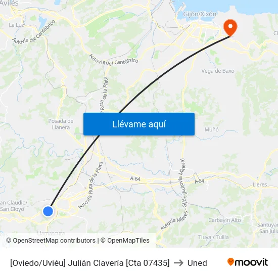 [Oviedo/Uviéu]  Julián Clavería [Cta 07435] to Uned map