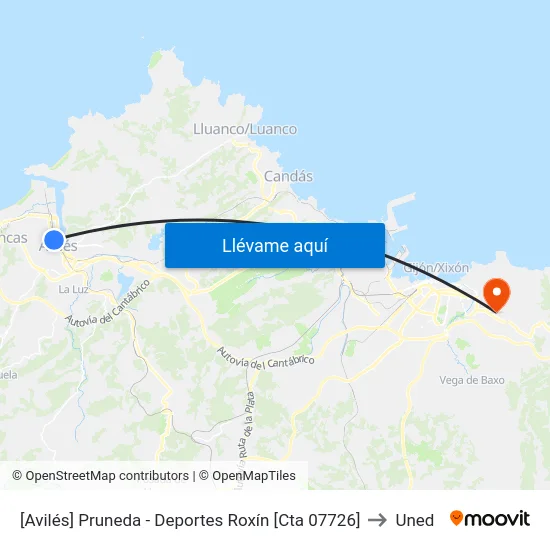 [Avilés]  Pruneda - Deportes Roxín [Cta 07726] to Uned map