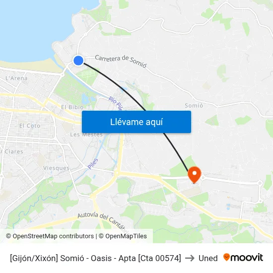 [Gijón/Xixón]  Somió - Oasis - Apta [Cta 00574] to Uned map