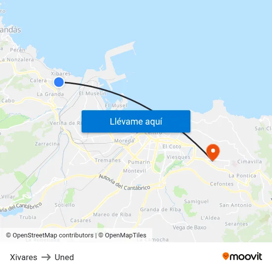Xivares to Uned map
