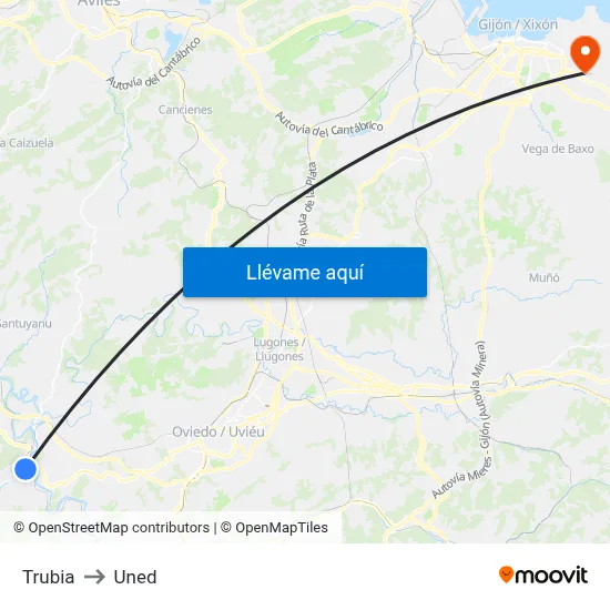Trubia to Uned map