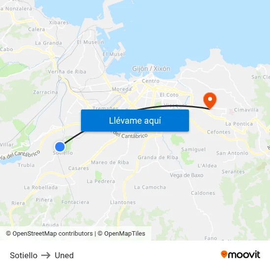 Sotiello to Uned map