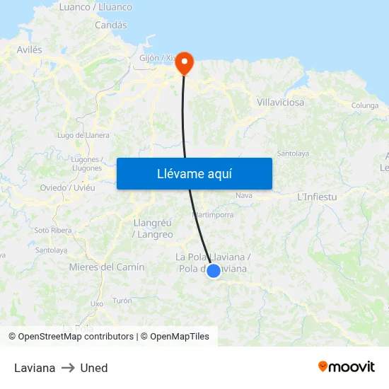 Laviana to Uned map