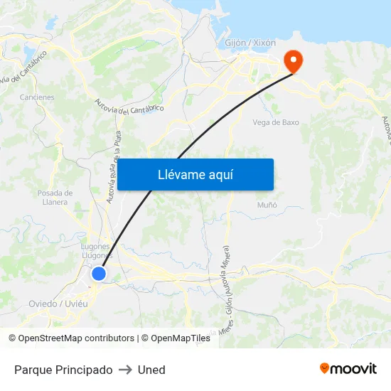Parque Principado to Uned map