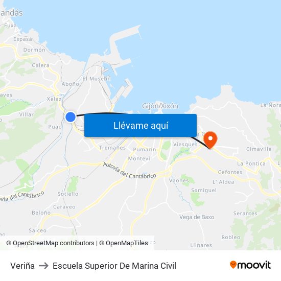 Veriña to Escuela Superior De Marina Civil map