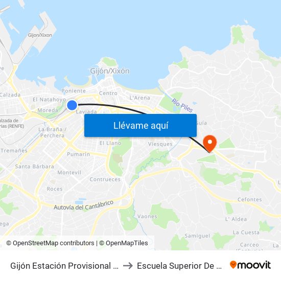 Gijón Estación Provisional Sanz Crespo to Escuela Superior De Marina Civil map