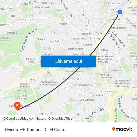 Oviedo to Campus De El Cristo map