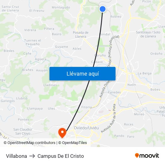 Villabona to Campus De El Cristo map