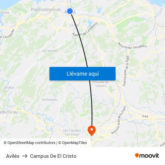 Avilés to Campus De El Cristo map
