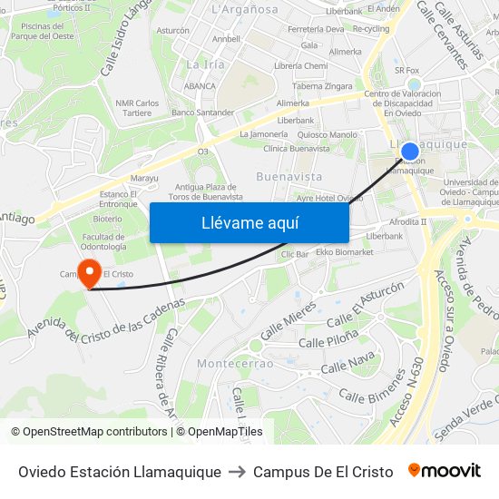 Oviedo Estación Llamaquique to Campus De El Cristo map