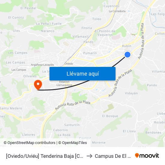 [Oviedo/Uviéu]  Tenderina Baja [Cta 20818] to Campus De El Cristo map