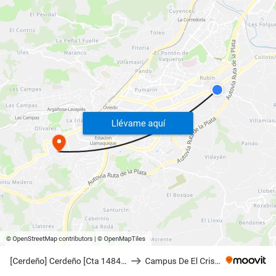 [Cerdeño]  Cerdeño [Cta 14845] to Campus De El Cristo map