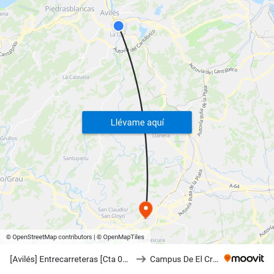 [Avilés]  Entrecarreteras [Cta 01090] to Campus De El Cristo map