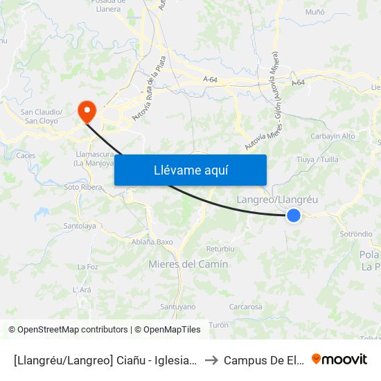[Llangréu/Langreo]  Ciañu - Iglesia [Cta 01119] to Campus De El Cristo map