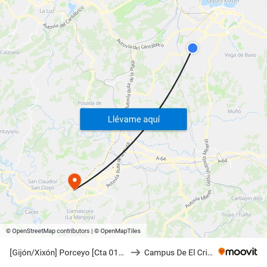 [Gijón/Xixón]  Porceyo [Cta 01322] to Campus De El Cristo map