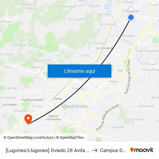 [Lugones/Llugones]  Oviedo 28 Avda - Cruce Viejo [Cta 02075] to Campus De El Cristo map